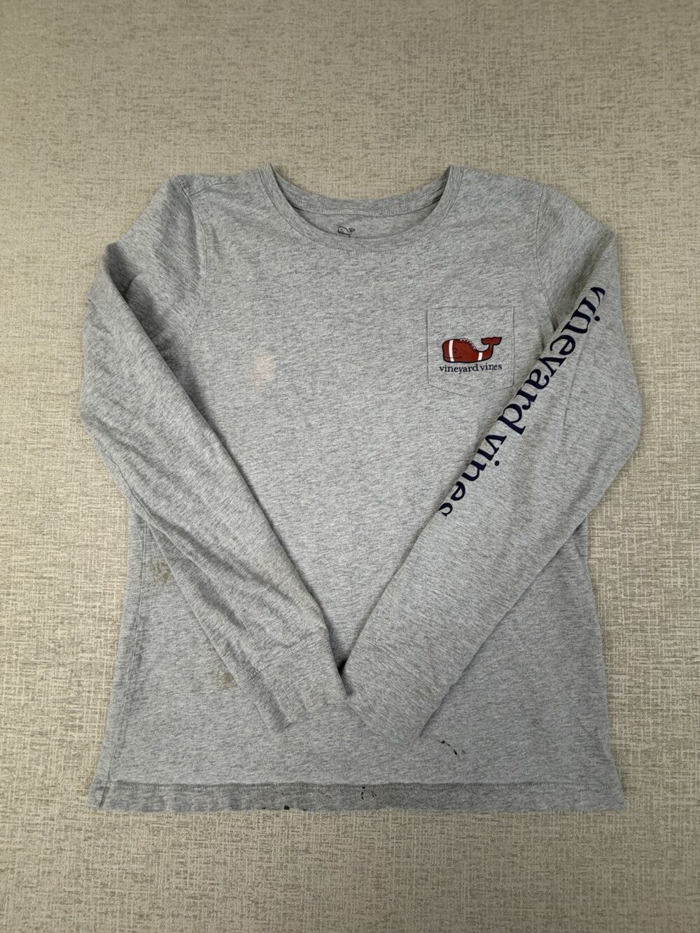 Vineyard Vines Men’s Football Whale Long Sleeve Pocket Tee S Gray READ